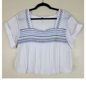 Free People Smocked White Crop Top w Blue Embroidery Details